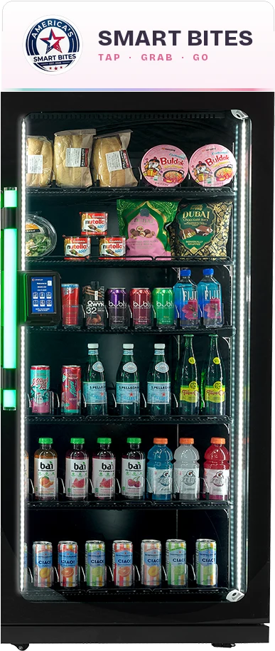 Smart Bites branded AI smart cooler, fully stocked
